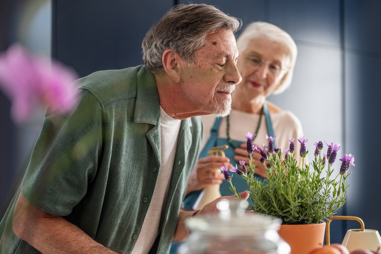Senior Couple Enjoying the Aroma of Fresh Lavender at Home.